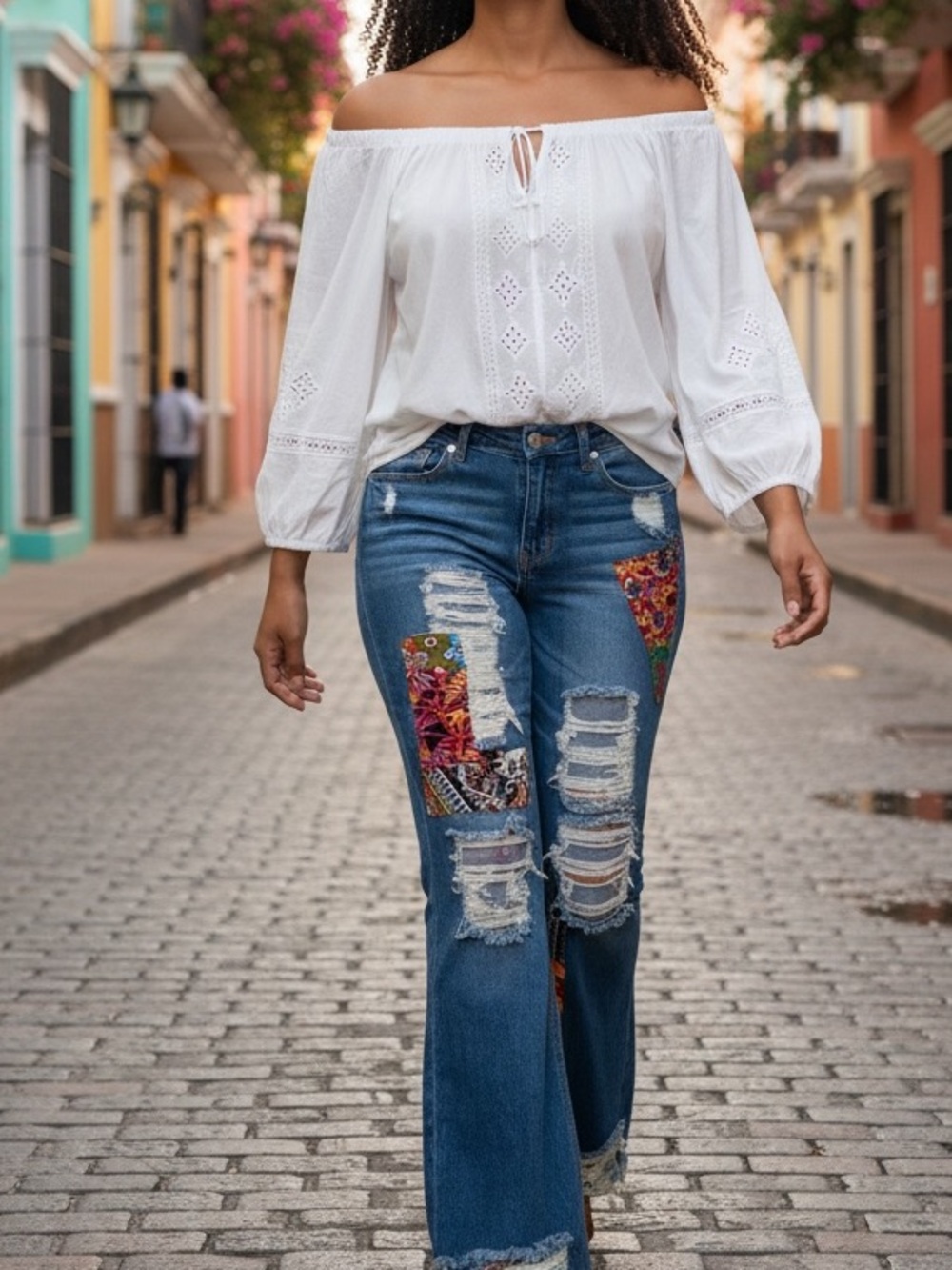 Almost Famous Distressed Flare Jeans with Colorful Patchwork